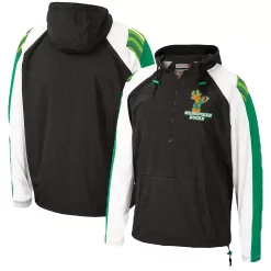 Men's Mitchell & Ness Black Milwaukee Bucks Hardwood Classics Anorak Half-Zip Pullover Hoodie Windbreaker Jacket